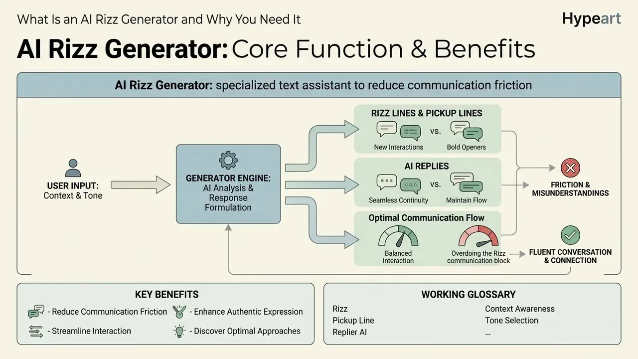 Flowchart showing how an AI Rizz Generator processes user input to improve communication and connection