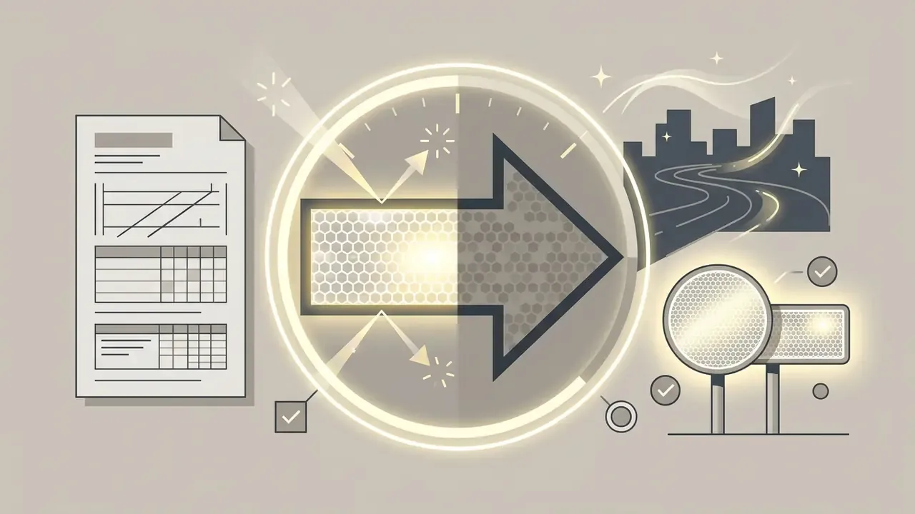 Reflective arrow icon with light beams, a document, and road signs indicating night visibility standards