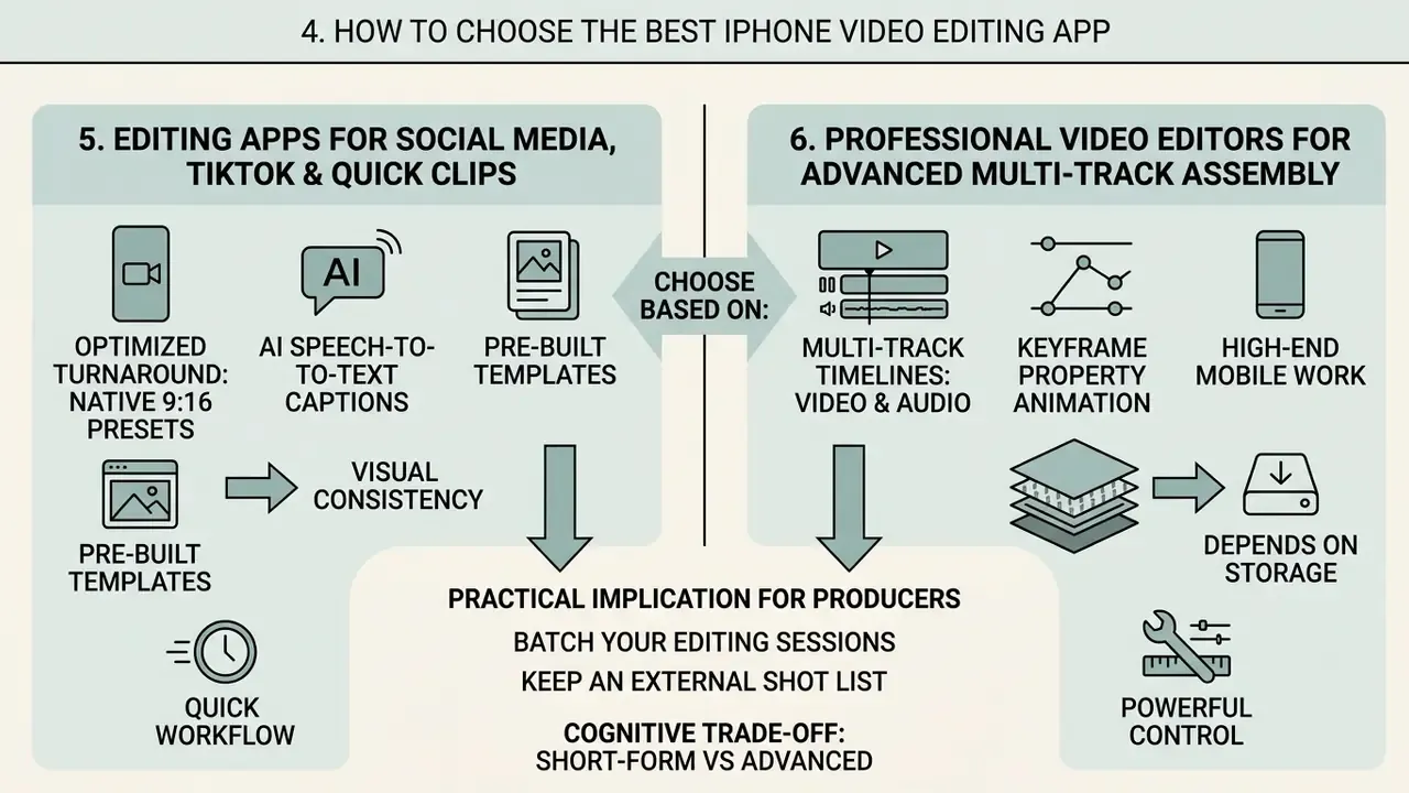 Infographic comparing social media editing apps with professional multi-track video editors
