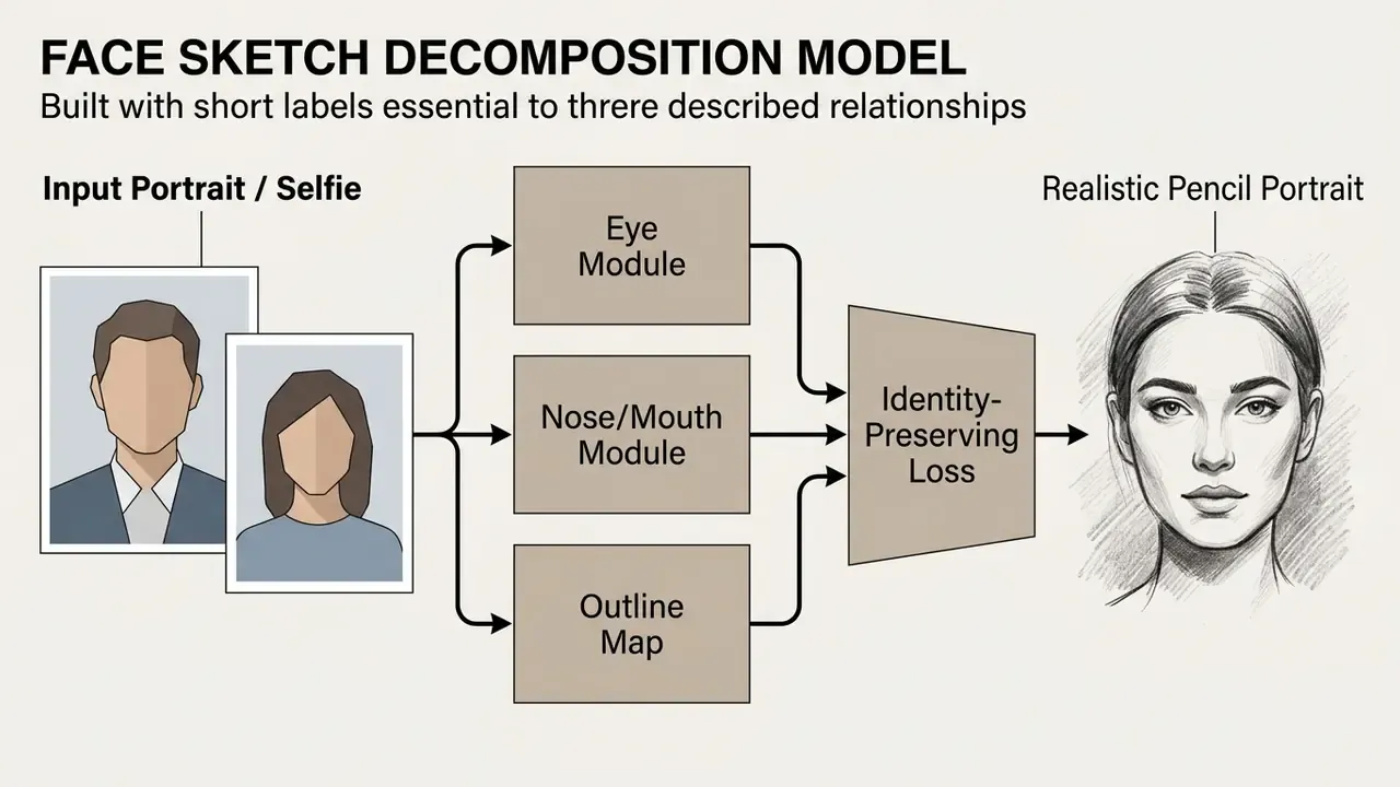 Diagram showing face decomposition into eye, nose, mouth, and outline modules for pencil portrait creation