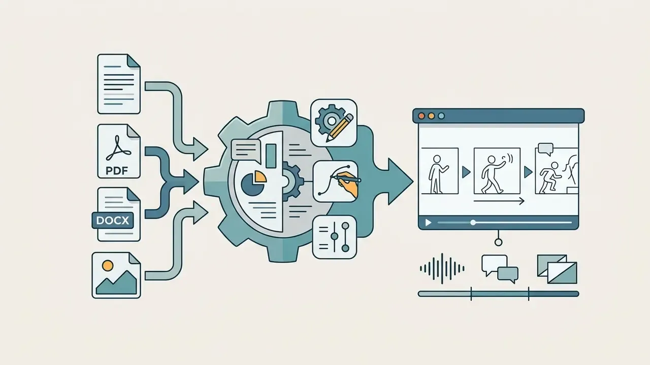 Documents and images feed into a central gear mechanism that outputs animated video scenes with audio