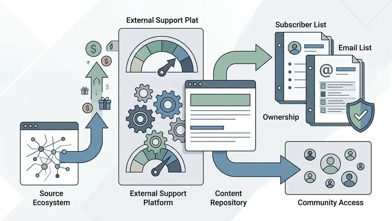 Process flow from a social ecosystem to an external support platform for subscriber and email list ownership