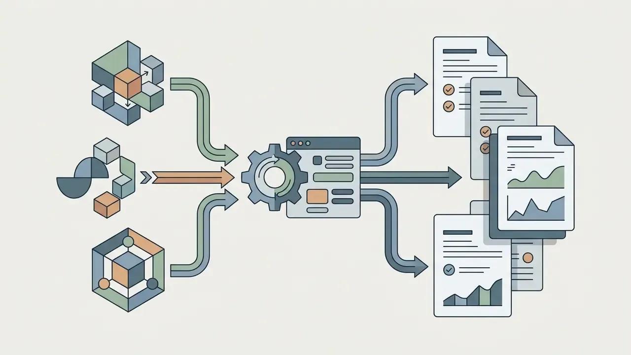 Geometric data clusters feeding into a processing hub that generates organized documentation reports