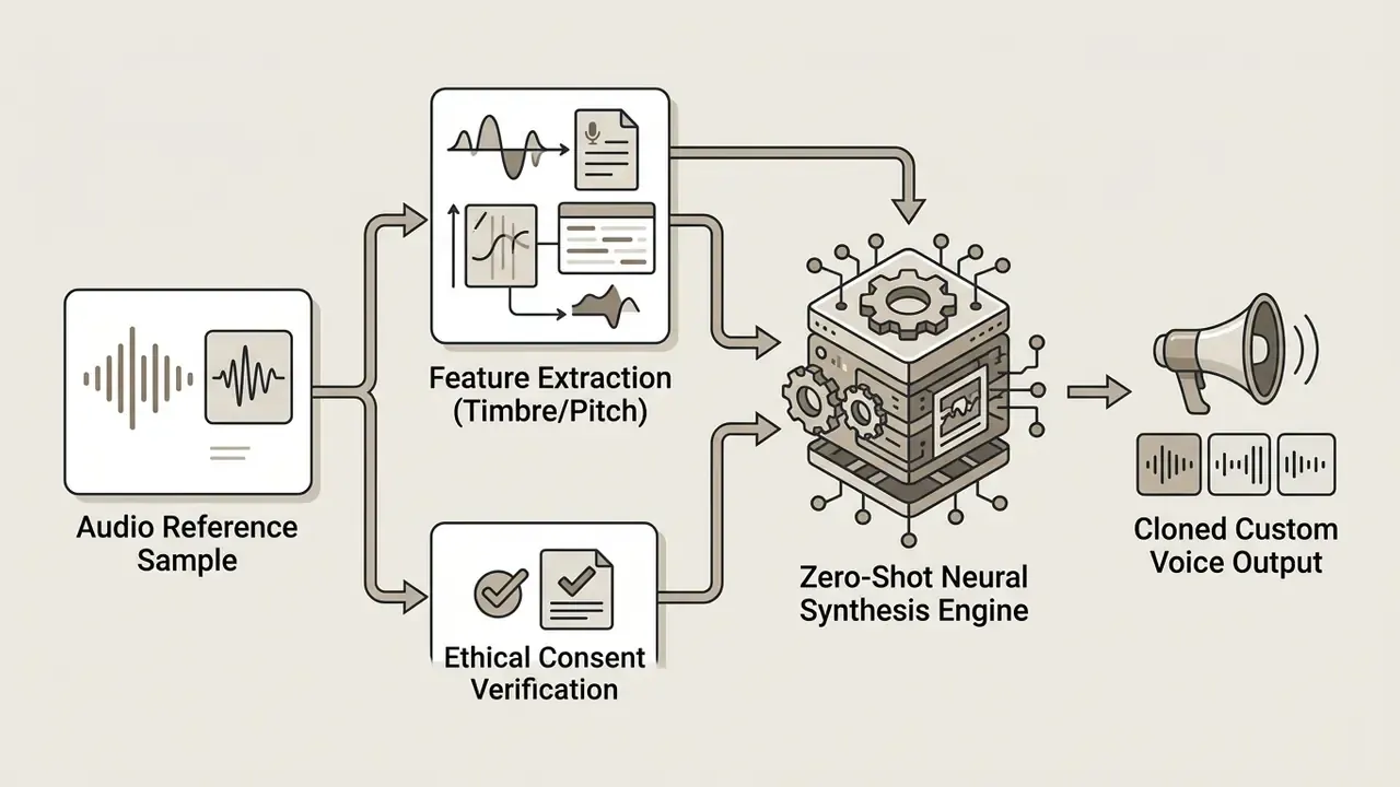 Process showing audio sample analysis, consent verification, and neural synthesis for voice cloning