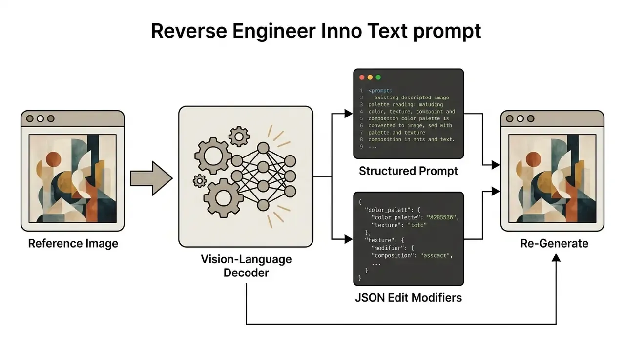 Process flow converting a reference image into structured prompts and JSON modifiers for regeneration