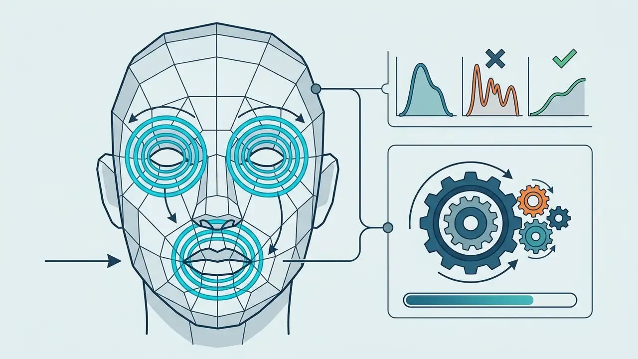 Wireframe human face with concentric circular edge loops around eyes and mouth linked to gear mechanisms