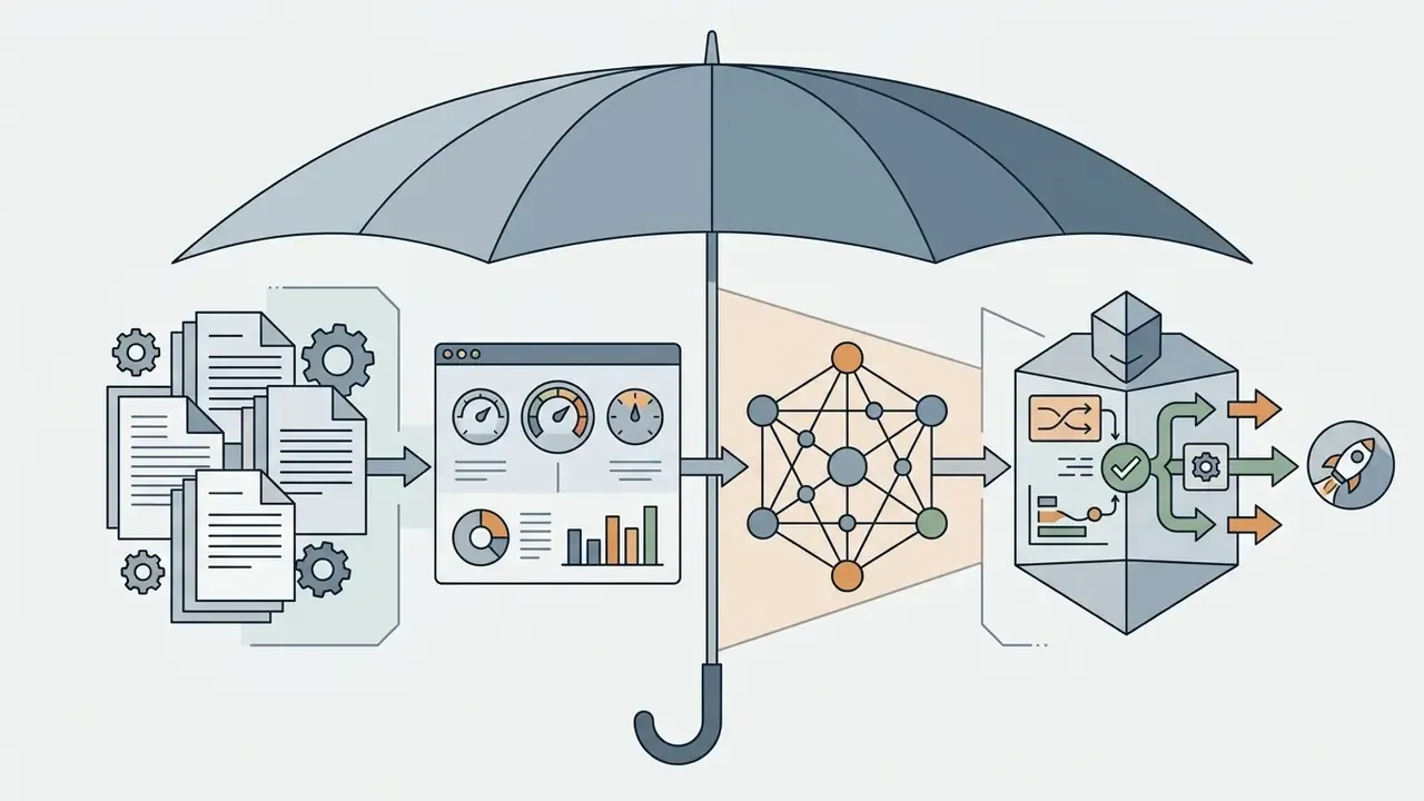 Large umbrella sheltering icons representing data processing, analytics, neural networks, and system workflows