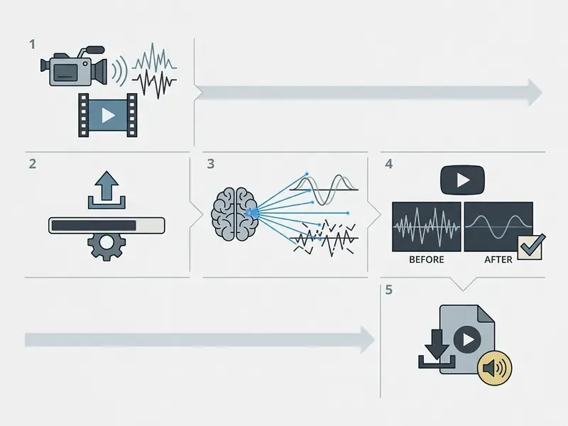 Five step process diagram showing video recording, file uploading, AI audio processing, and final download