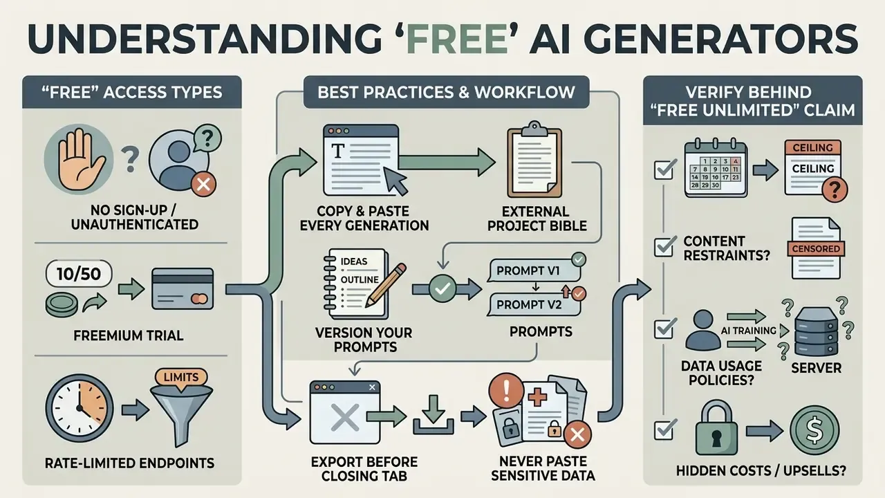 Diagram explaining access tiers, workflow best practices, and verification steps for AI fanfic generators
