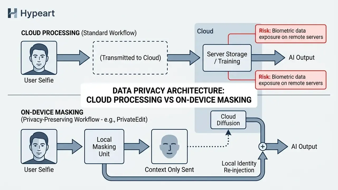 Schematic comparing standard cloud processing risks with privacy-preserving on-device masking workflows