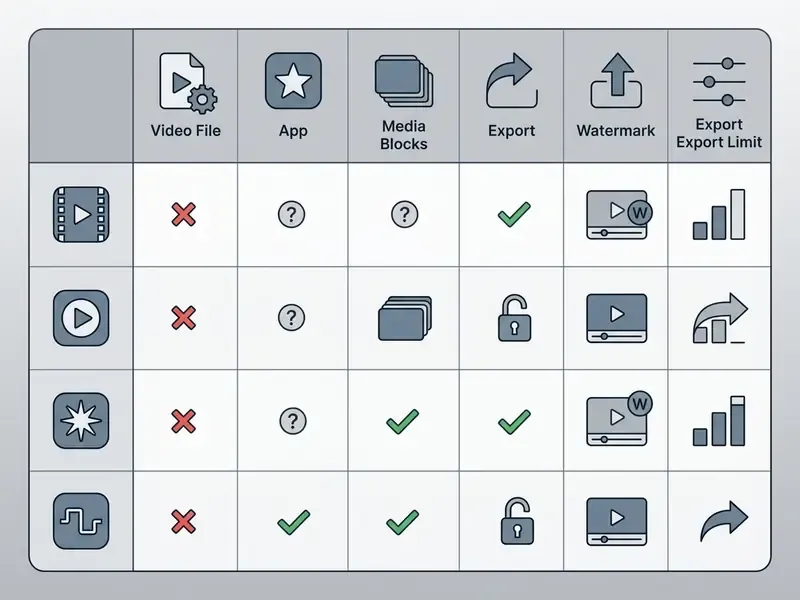 Table displaying icons for video file types, app features, media blocks, and export watermark settings
