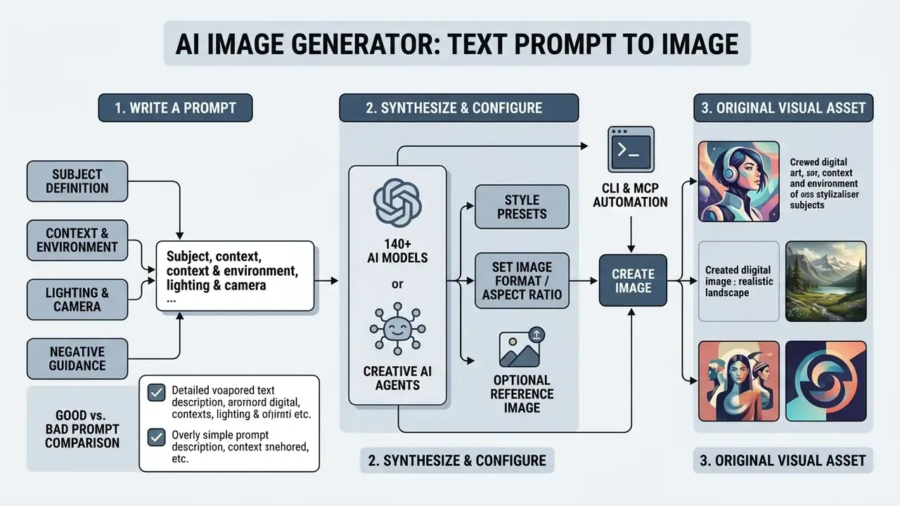 Step-by-step flowchart illustrating how text prompts are synthesized into original AI visual assets