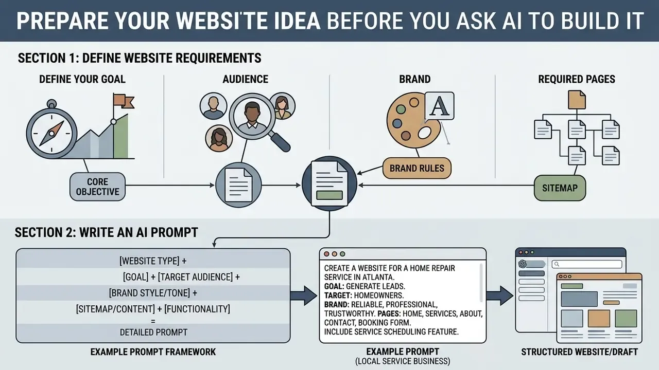 Diagram detailing steps to define website requirements and construct a detailed prompt for AI generation