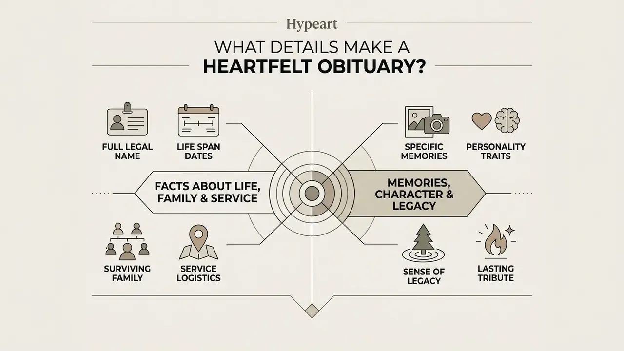 Diagram categorizing biographical facts and personal legacy elements for writing a memorial tribute