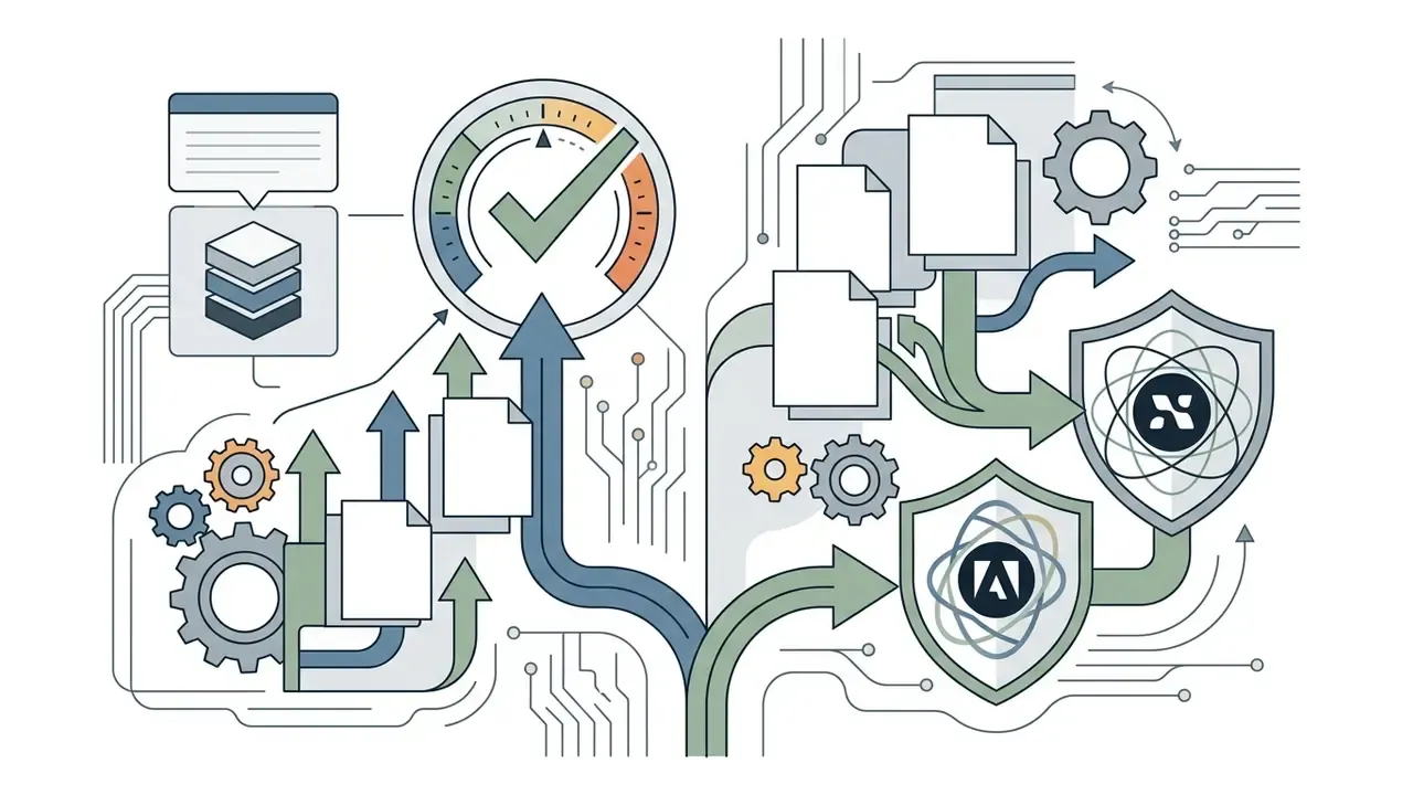 Documents and gears flowing through a central approval gauge into protected shields with software logos