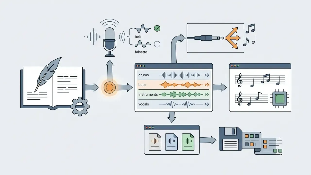 Diagram showing text input converting into vocal styles, multi-track audio editing, and MIDI export