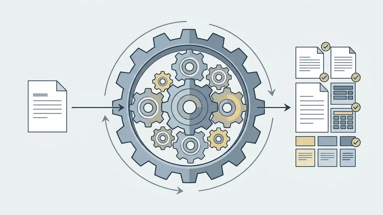 Document icon feeding into a central gear system that produces multiple checked list and calculator icons