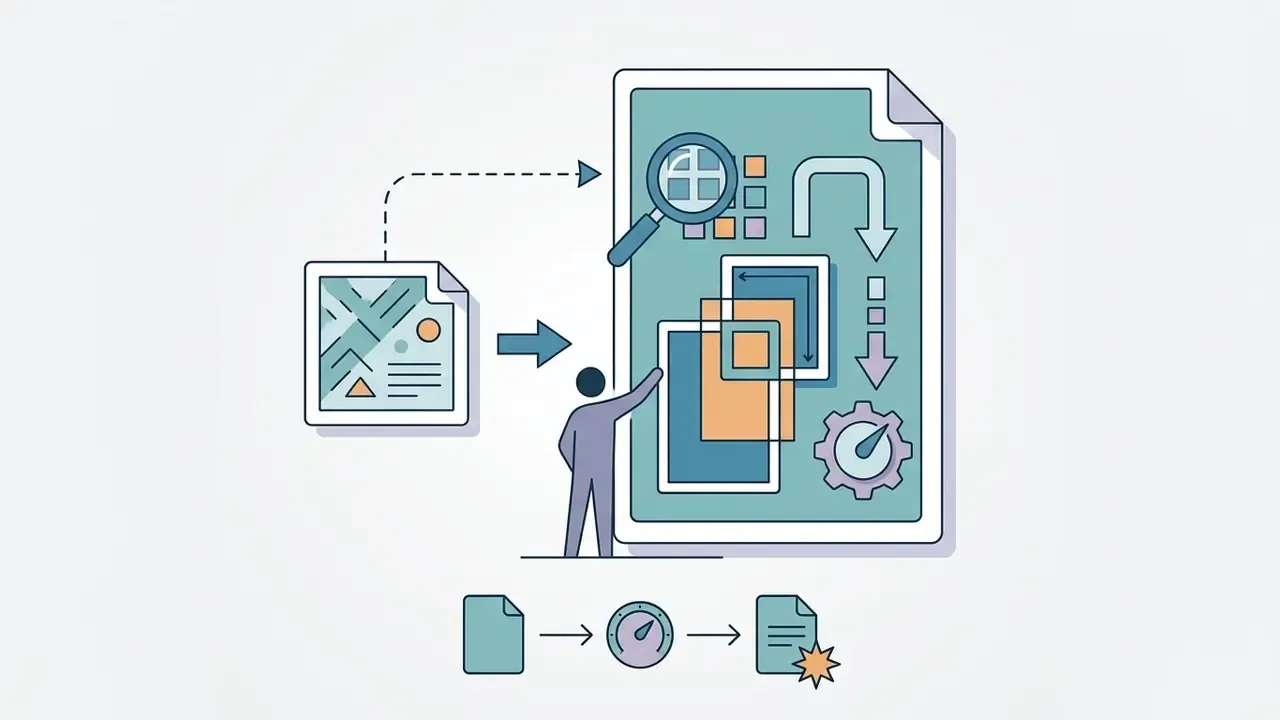 Person adjusting image frames and aspect ratios on a document with a magnifying glass and gear icons