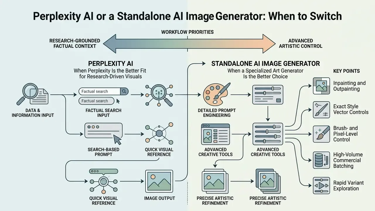 Comparison of Perplexity AI research workflows versus specialized art generator creative control features