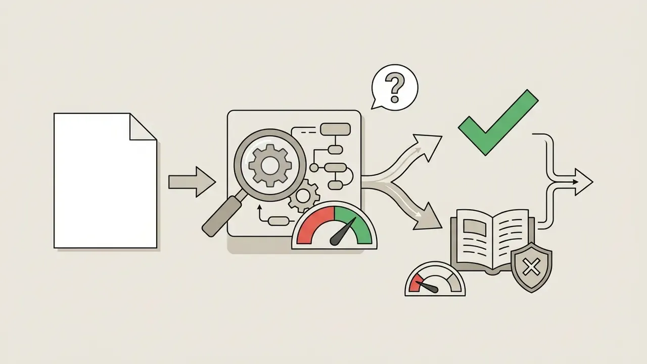 Document being analyzed by gears and a gauge before splitting into approval or policy review paths