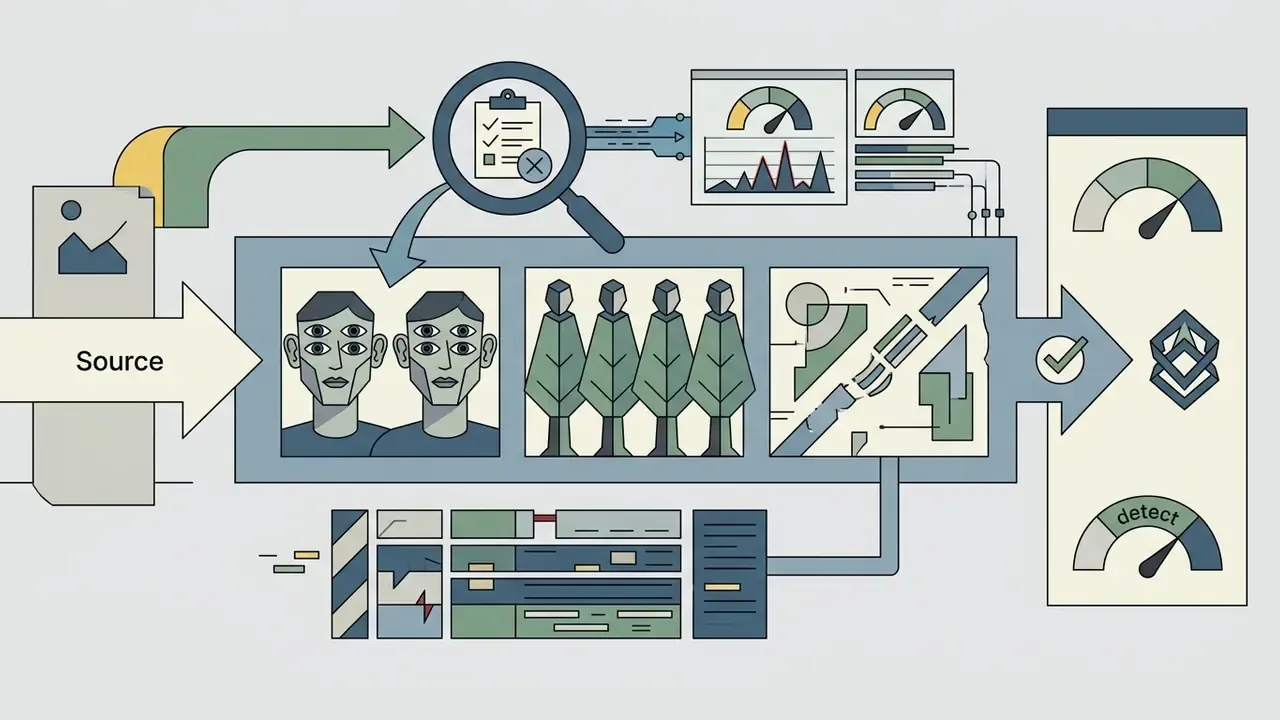 Magnifying glass inspecting images of distorted faces and repeated figures moving through a data processor