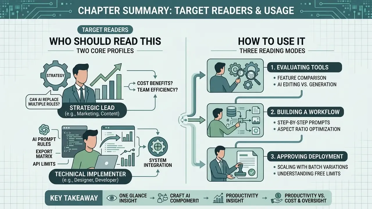 Infographic showing two target reader profiles and three reading modes for using an AI photo editor