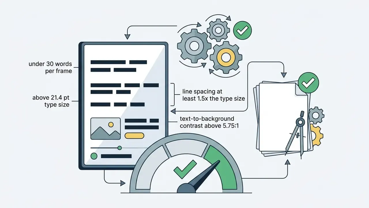 Visual guide showing text formatting requirements for vertical video frames using gears and a gauge