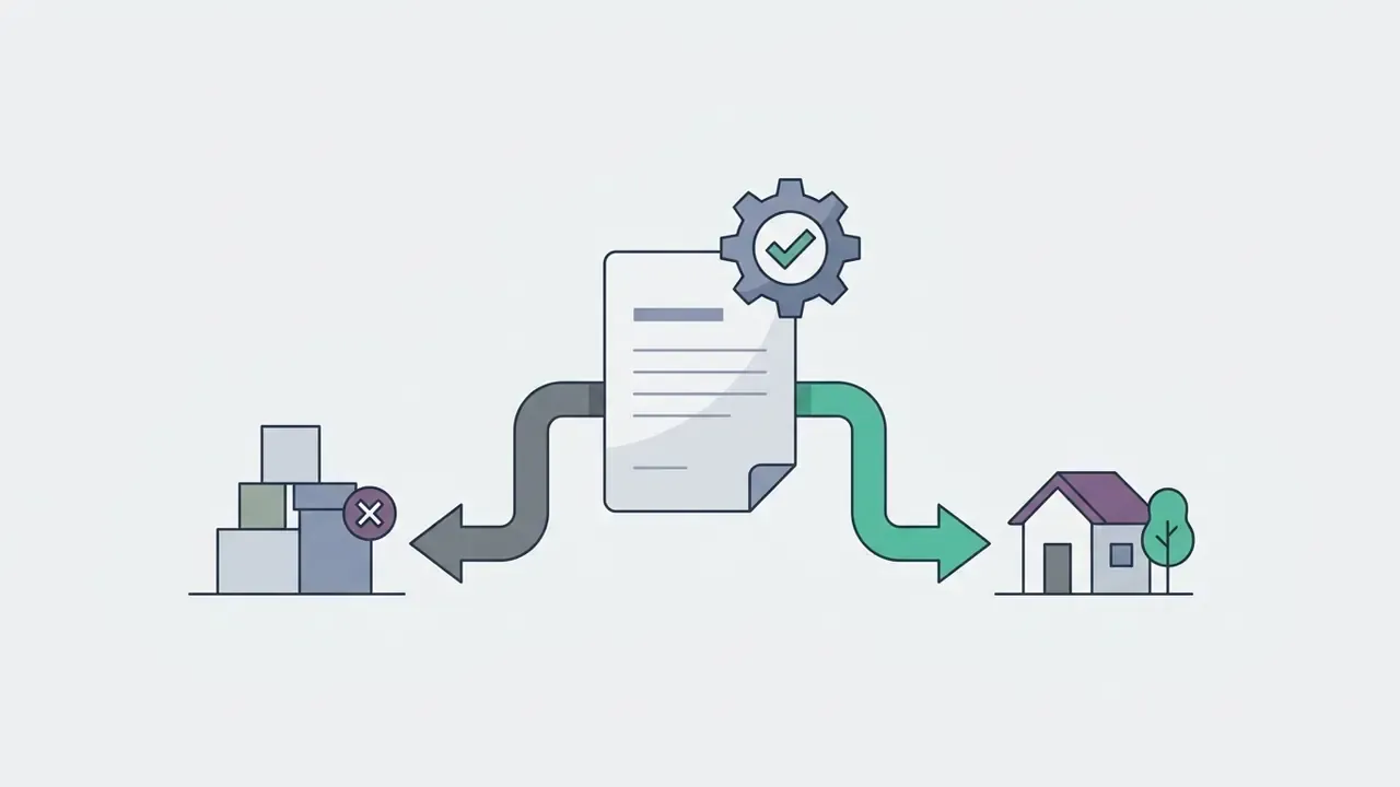 Document with a gear icon directing output toward either a stack of boxes or a residential house