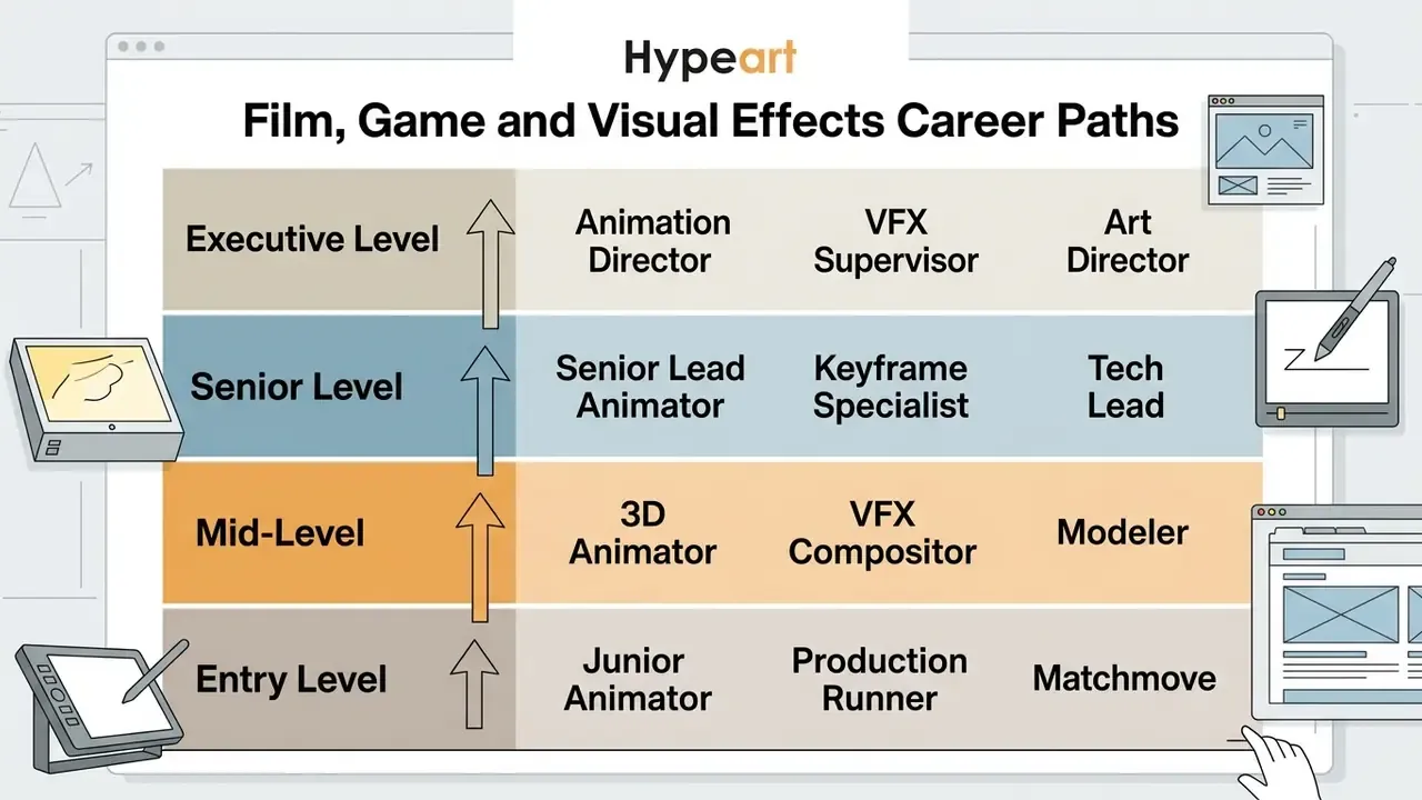 Vertical progression ladder showing job titles from entry level to executive roles in creative industries