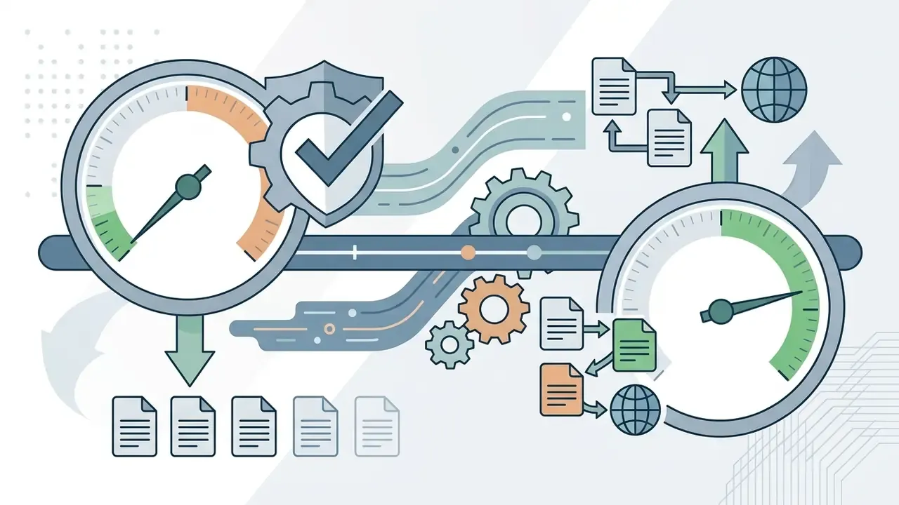 Two gauges with document icons and gears representing data processing metrics for an AI Media API
