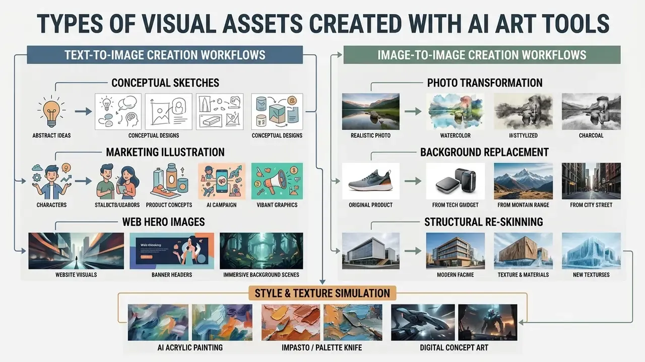 Comparison chart detailing text-to-image and image-to-image workflows for generating diverse digital assets