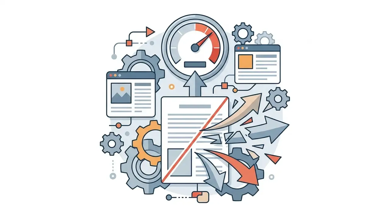 Document with a red slash moving through gears toward a gauge and digital interface elements