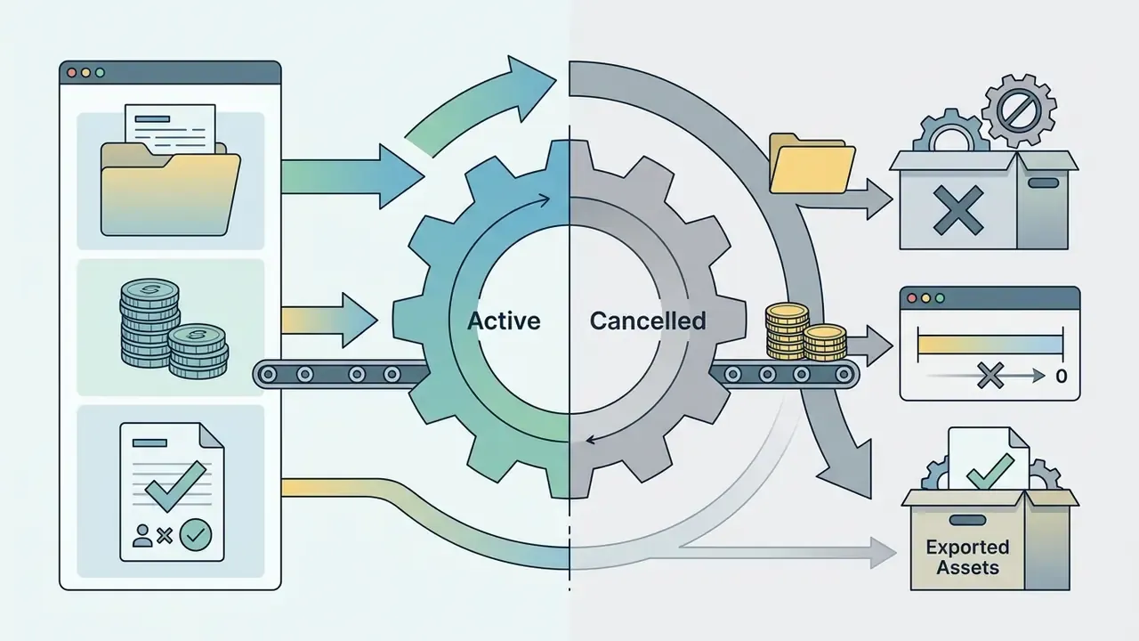 Flowchart showing how active subscription assets and credits transition after a plan cancellation