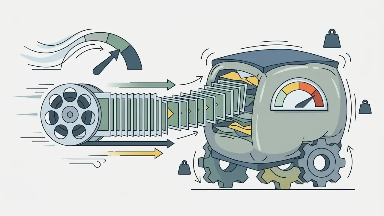 Film reel feeding many frames into a processing machine with a speed gauge and heavy weight icons