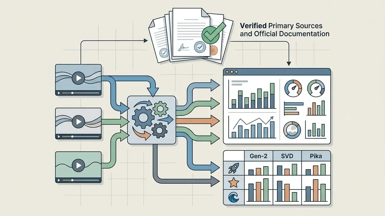 Video player icons feeding into a gear processor that outputs data charts and model performance metrics