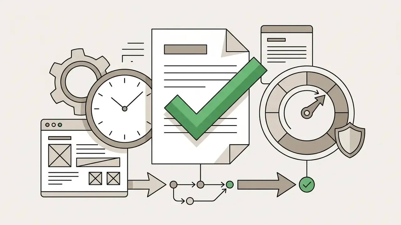 Document with a green checkmark next to a clock, a shield, and a circular progress indicator