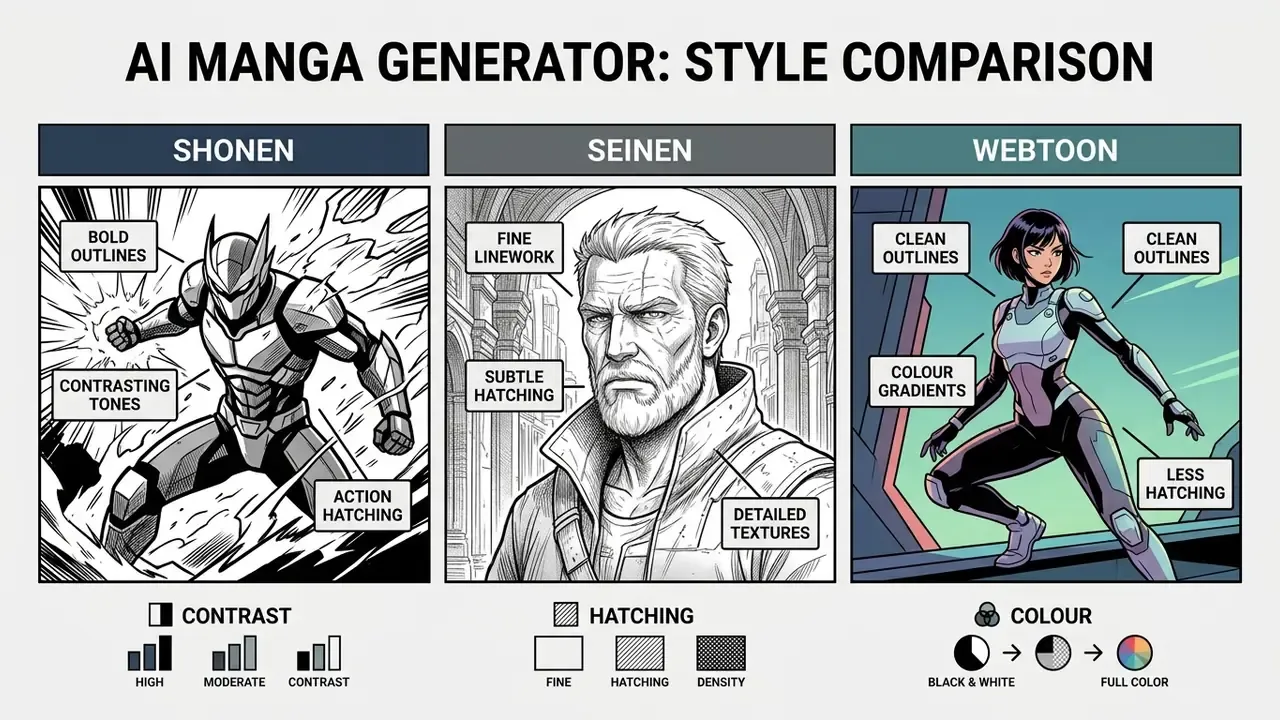 Comparison chart detailing Shonen, Seinen, and Webtoon visual styles through character art and annotations