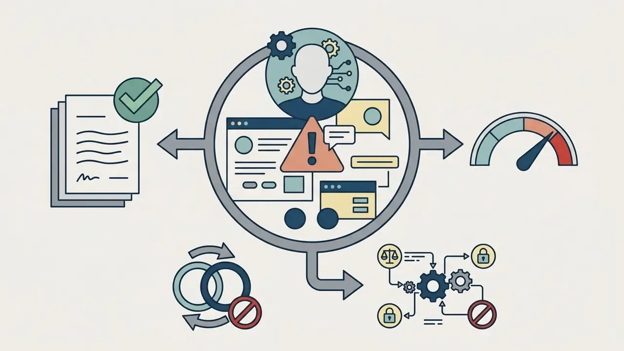 Diagram showing a central avatar surrounded by warning icons, policy documents, and compliance flowcharts