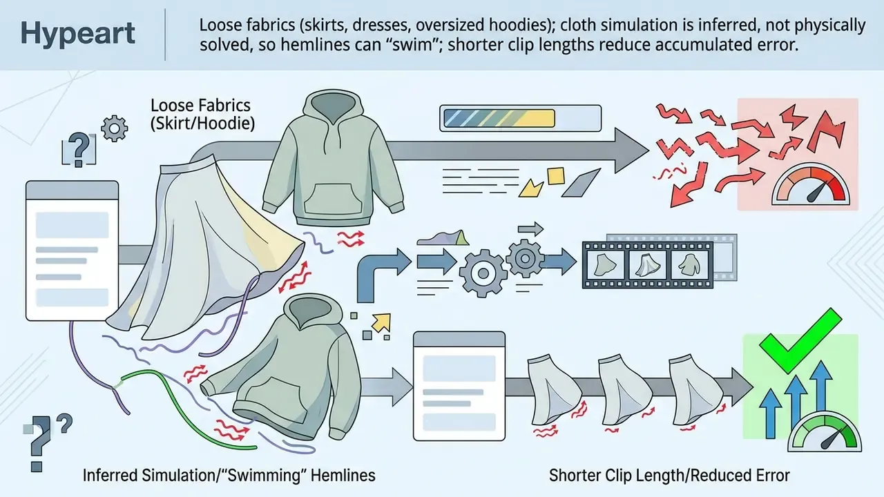Flowchart comparing long clips with high simulation error to short clips with stable output