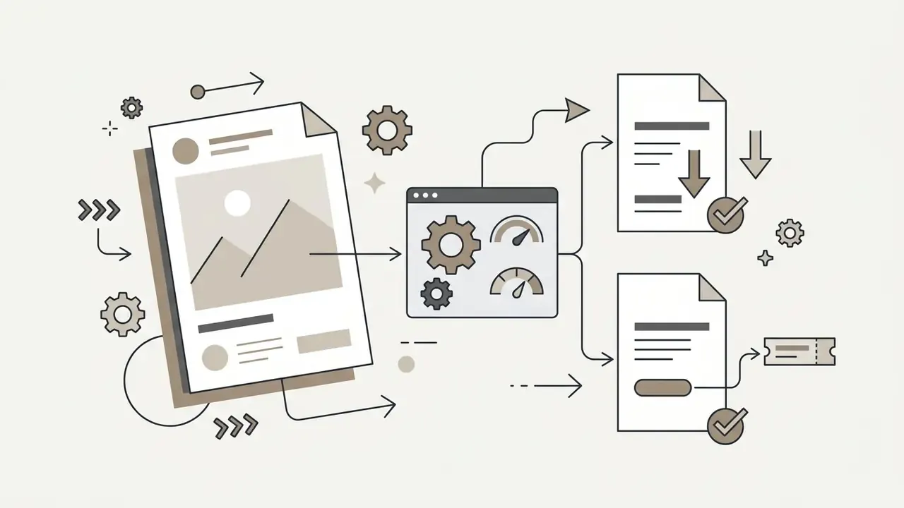Process flow showing a social media post being edited in a browser tool and saved as new documents