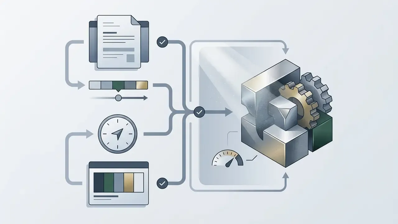Document, slider, and clock icons feeding into a mechanical processor with a gauge