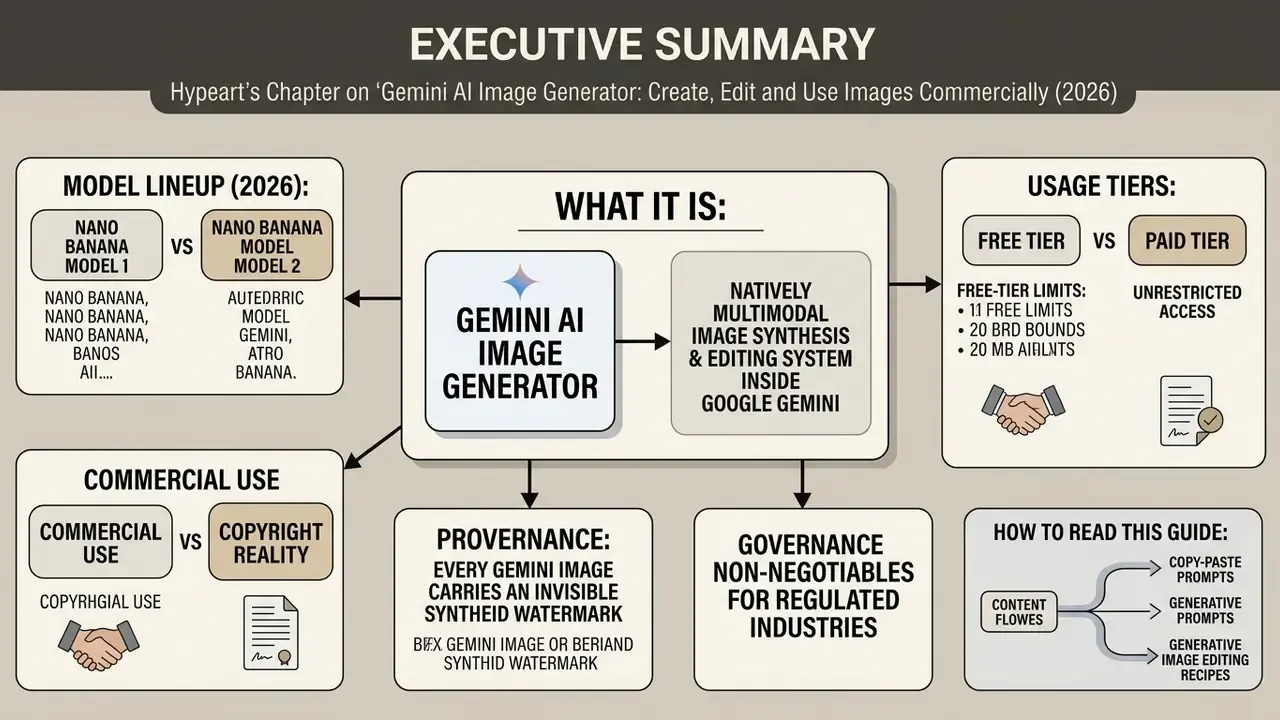 Infographic outlining key features of the Gemini AI image generator including model tiers and usage policies