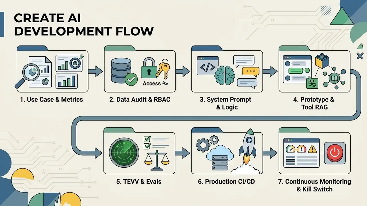 Seven sequential steps illustrated as folders representing the lifecycle from metrics to monitoring