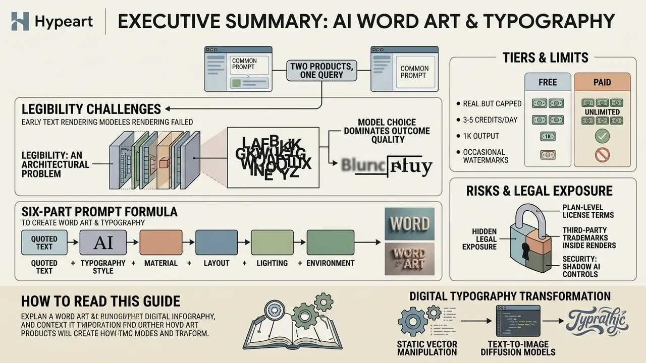 Infographic showing AI word art challenges, prompt formulas, usage tiers, and legal risks