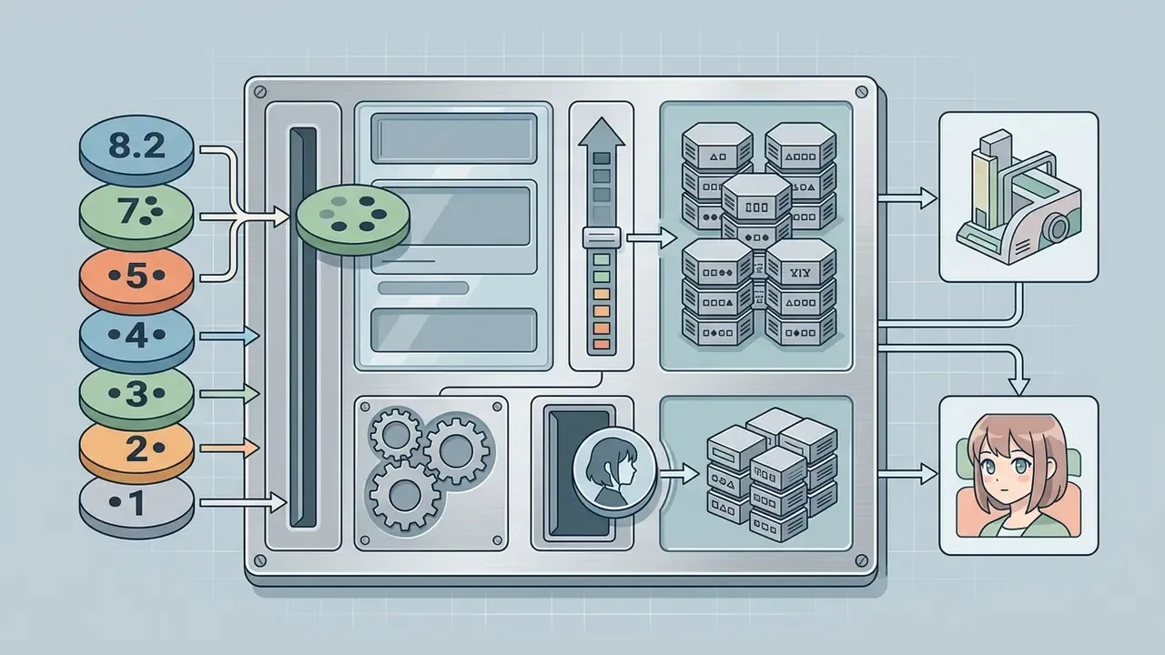 Numbered version tokens feeding into a mechanical processor to generate stylized or anime-style images