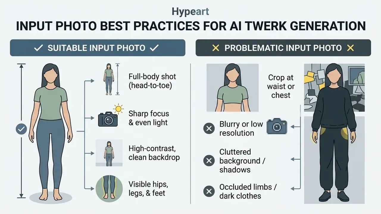 Comparison chart showing recommended versus problematic photo qualities for AI twerk generator tools
