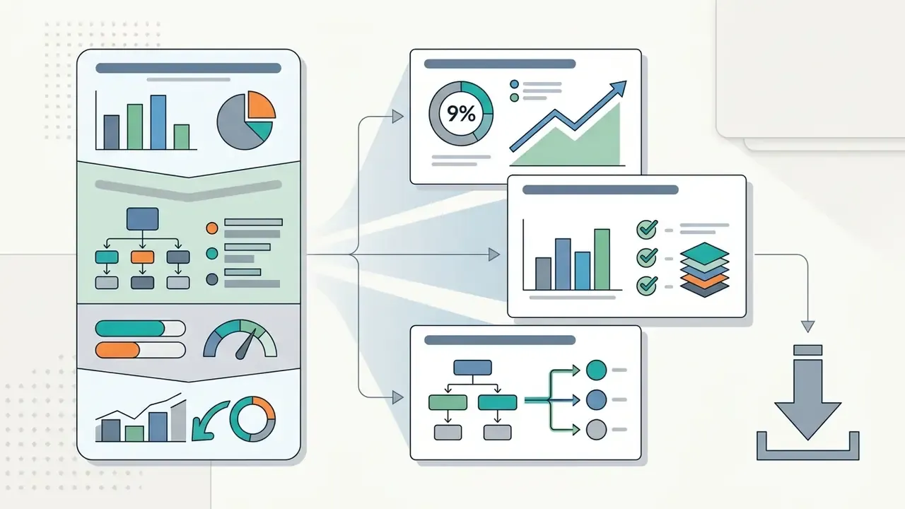 Large infographic splitting into three individual presentation slides before a final download icon