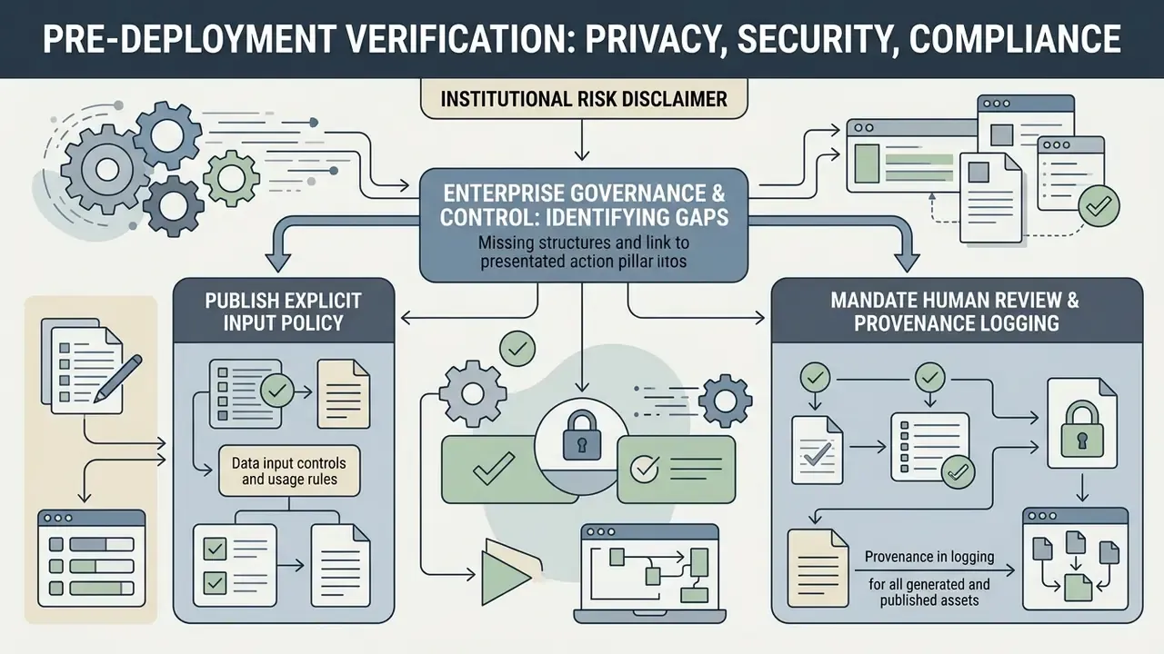Flowchart outlining enterprise governance steps for data input policies and human review of generated assets
