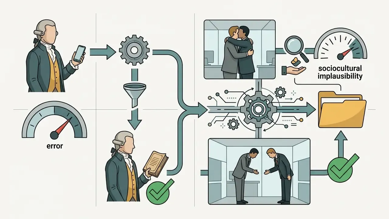 Process showing historical figures and office interactions being audited for sociocultural errors