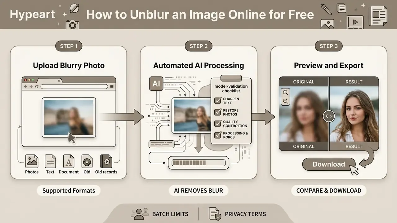 Three-step process showing how to unblur an image online for free by uploading, processing, and exporting